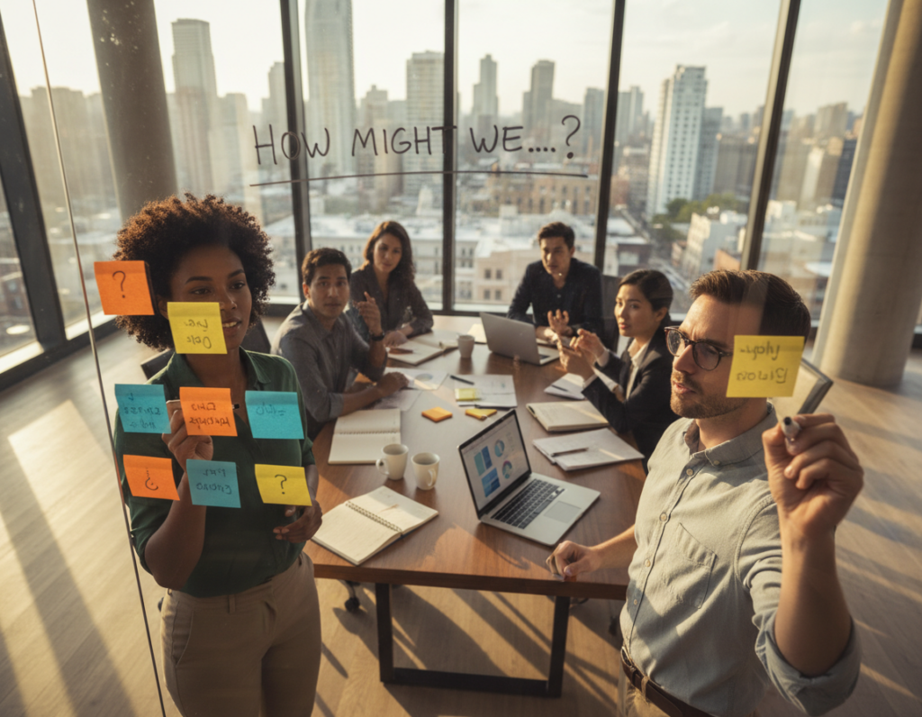 A close-up view of a diverse group of professionals in a modern conference room, engaged in a dynamic brainstorming session. In the foreground, two individuals, one male and one female, thoughtfully jotting down questions on a clear glass whiteboard filled with colorful sticky notes. The middle ground features a table with open notebooks, laptops, and coffee cups, emphasizing collaboration. In the background, large windows allow warm, natural light to flood the space, creating a bright and inviting atmosphere. The camera angle is slightly angled from above, showcasing the vibrant energy of curiosity and critical thinking. The mood is one of inspiration and engagement, ideal for illustrating the process of asking better questions that lead to better answers. A close-up view of a diverse group of professionals in a modern conference room, engaged in a dynamic brainstorming session. In the foreground, two individuals, one male and one female, thoughtfully jotting down questions on a clear glass whiteboard filled with colorful sticky notes. The middle ground features a table with open notebooks, laptops, and coffee cups, emphasizing collaboration. In the background, large windows allow warm, natural light to flood the space, creating a bright and inviting atmosphere. The camera angle is slightly angled from above, showcasing the vibrant energy of curiosity and critical thinking. The mood is one of inspiration and engagement, ideal for illustrating the process of asking better questions that lead to better answers.