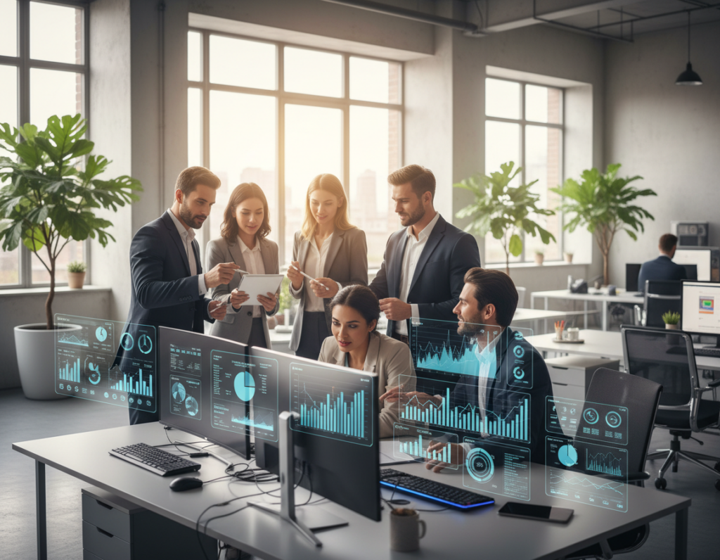 A digital landscape showcasing the concept of website performance. In the foreground, various colorful graphs and analytics dashboards float over a sleek, modern computer. The middle layer features a diverse group of professionals in business attire, deeply engaged in discussion, pointing at the data and collaborating. In the background, a high-tech office environment with large windows, bright natural light streaming in, and potted plants adds to the atmosphere of innovation. Soft focus effects on the background create depth, while a warm glow highlights the collaborative spirit. The overall mood is one of motivation and teamwork, emphasizing growth and continuous improvement in a digital world.