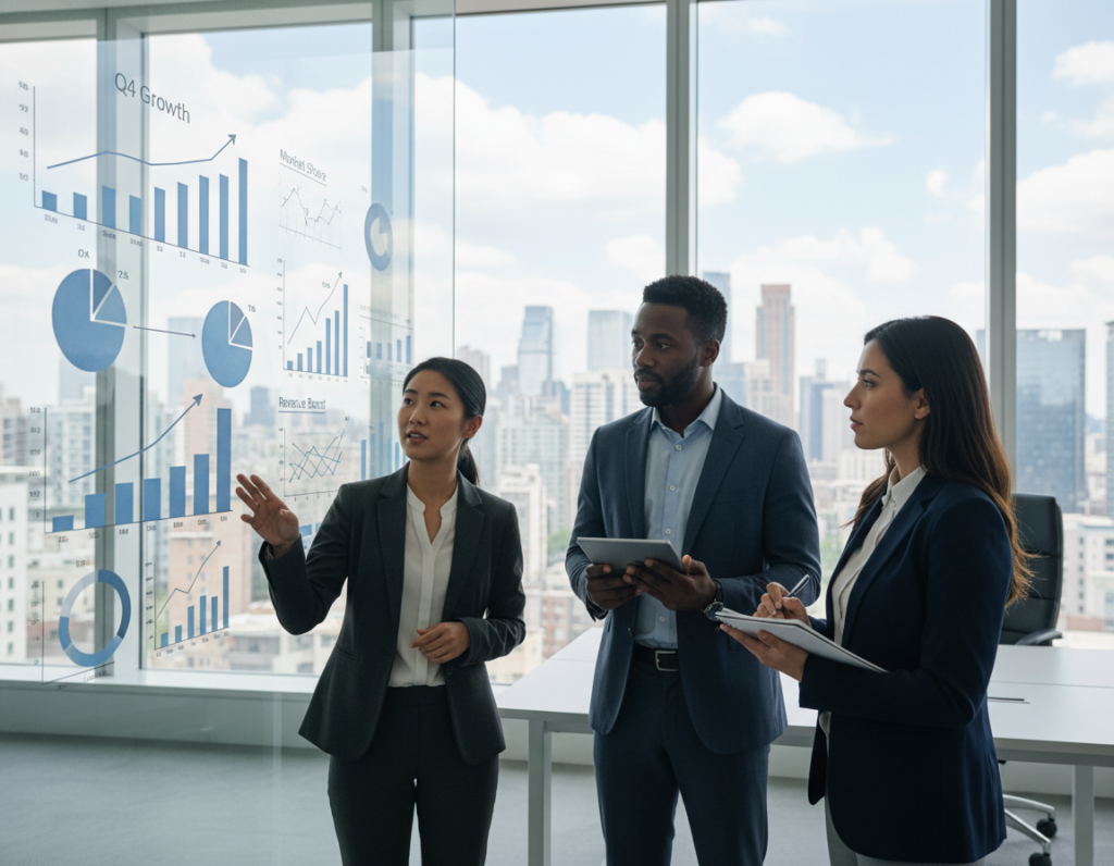 A diverse group of three professionals engaged in a spirited discussion in a modern office environment. In the foreground, a confident woman of Asian descent leads the conversation, pointing to a digital whiteboard filled with charts and graphs illustrating growth. In the middle ground, a focused Black man reviews data on a tablet, while a thoughtful Hispanic woman takes notes. The background showcases large windows with natural light pouring in, highlighting a city skyline, emphasizing progress and innovation. The atmosphere is dynamic and collaborative, with a sense of purpose and enthusiasm. The overall lighting is bright and inviting, conveying a mood of inspiration and commitment to continuous improvement.