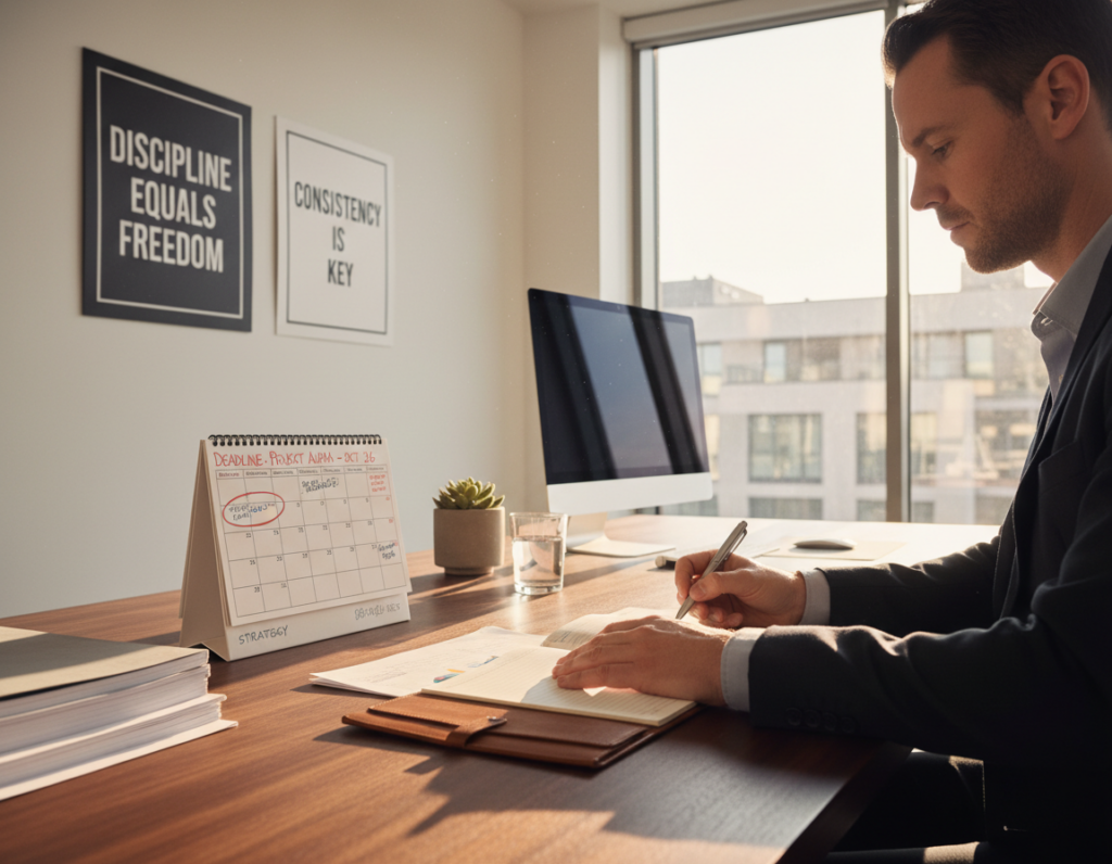 A focused and determined business professional working at a sleek desk in a modern office environment, embodying the essence of discipline. The foreground features a close-up of their hands arranging documents and writing notes with a pen, showing meticulous attention to detail. In the middle ground, a well-organized office with motivational posters and a calendar filled with scheduled tasks reflects structure. The background reveals large windows with natural light spilling in, casting soft shadows on the polished surfaces. The atmosphere is calm yet energized, symbolizing the power of discipline in improving work performance. Use soft, warm lighting to create an inviting and inspiring mood, captured from a slightly elevated angle to emphasize the workspace's clarity and order.