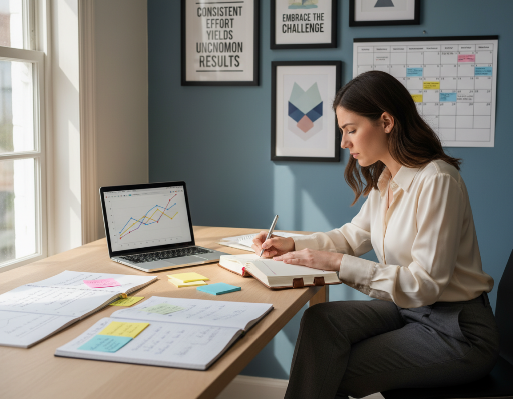 A focused workspace showcasing a well-structured deliberate practice plan. In the foreground, a neatly organized desk with notebooks, a laptop displaying a colorful graph, and sticky notes outlining goals. The middle ground features a person in professional business attire, deeply concentrated as they write down their personal practice strategies. Soft, natural lighting illuminates the scene, casting gentle shadows and creating a warm, inviting atmosphere. In the background, a wall adorned with motivational quotes and a calendar highlighting scheduled practice sessions adds an inspirational touch. The overall mood is one of determination and focus, capturing the essence of building a personal deliberate practice plan for exceptional performance.