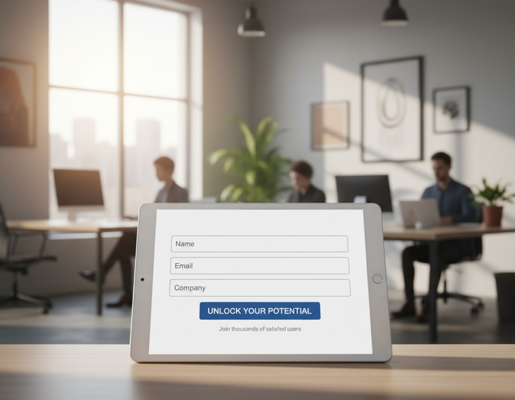A modern, minimalist lead capture form is featured prominently in the foreground, styled with a few essential input fields and a sleek, eye-catching submit button, showcasing optimized microcopy. The background includes a softly blurred workspace, hinting at busy professionals, with a warm, inviting atmosphere illuminated by natural light streaming through a large window. Elegant, neutral-toned colors create a calming effect. The camera angle offers a slight top-down perspective to emphasize the form’s usability and aesthetic appeal. The composition conveys a sense of professionalism and simplicity, suggesting that fewer fields lead to better user experience and higher completion rates.