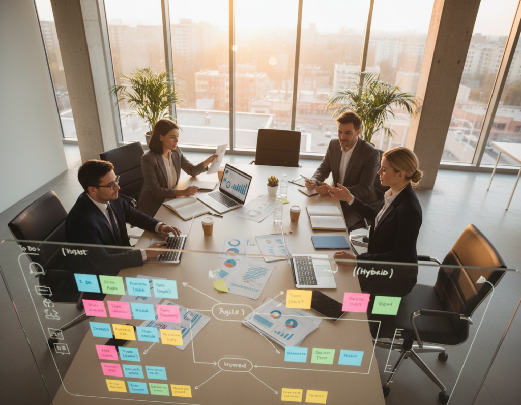A modern office environment depicted in an overhead view, showcasing a diverse team of four professionals in business attire engaged in project management activities. In the foreground, a large digital Kanban board displays colorful post-it notes representing different tasks within Agile, Waterfall, and Hybrid project workflows. The middle layer features a stylish conference table cluttered with laptops, charts, and graphs, emphasizing data analysis and progress tracking. In the background, large windows illuminate the space with warm, natural light, creating a bright and motivating atmosphere. The camera angle is slightly tilted to capture the dynamic interaction among team members as they discuss strategies and progress, promoting a sense of collaboration and productivity.