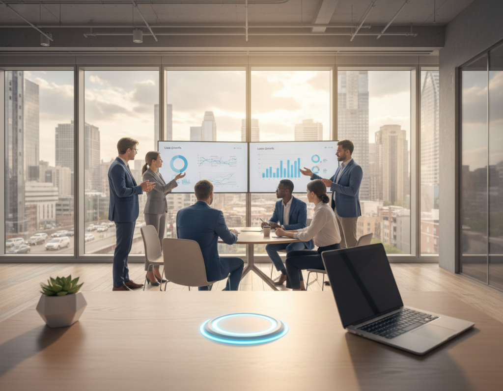 A modern office environment with a clean, inviting workspace. In the foreground, an elegant desk featuring a strategically placed call-to-action button glowing softly, surrounded by a few minimalist design elements like a potted plant and a sleek laptop. In the middle, a light-filled area where a diverse group of professionals, dressed in smart business attire, are engaged in discussions and reviewing digital screens that showcase user engagement metrics. The background features large windows with a view of a bustling cityscape, allowing natural light to flood in, creating a warm and productive atmosphere. The camera angle is slightly elevated, capturing both the workspace and the engaged professionals, emphasizing harmony and collaboration, reflecting a mood of motivation and focus. Soft shadows enhance the details, adding depth to the scene.