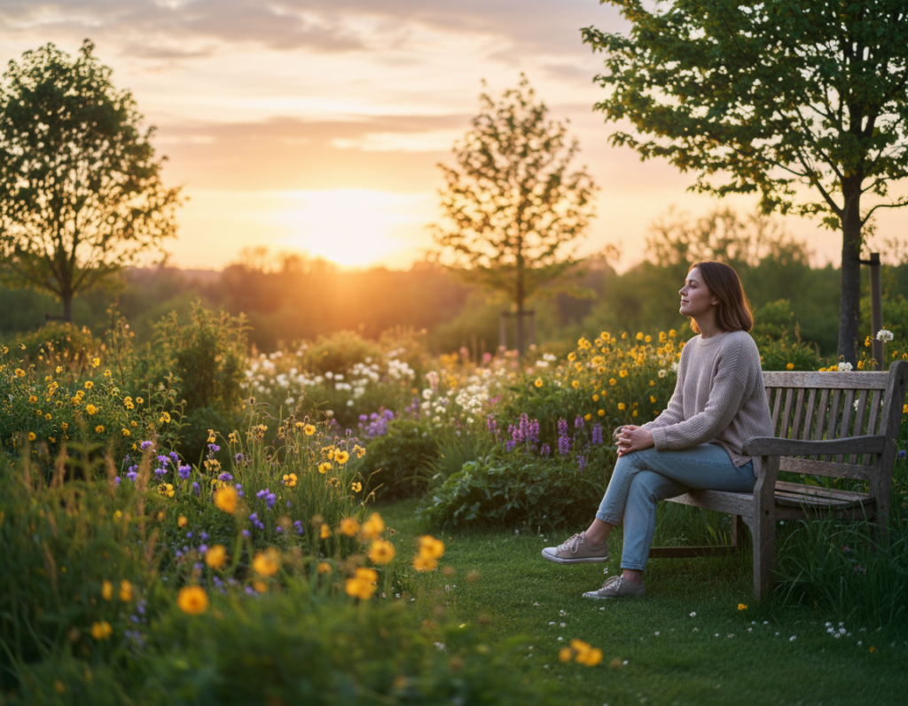 A peaceful landscape depicting a serene outdoor space where a person sits on a bench, reflecting thoughtfully after a recent mistake. The foreground features a person in modest casual clothing, looking relaxed and contemplative, with a gentle smile that conveys self-compassion. In the middle ground, lush green trees and blooming flowers create an uplifting atmosphere, symbolizing growth and resilience. The background shows a soft sunset, casting warm golden light that enhances the mood of reflection and hope. The scene is captured with a shallow depth of field, emphasizing the subject while softly blurring the surroundings. Overall, the image evokes a sense of tranquility and encouragement, illustrating the journey of learning from mistakes and embracing self-kindness.