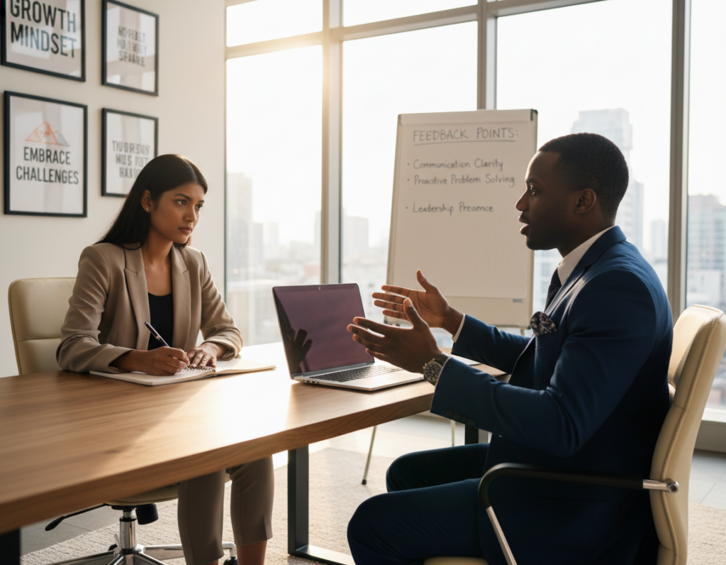 A professional coaching session in a modern office space, depicting two individuals engaged in constructive feedback. In the foreground, a diverse male coach, dressed in a tailored suit, gestures animatedly while discussing improvement strategies. The middle ground features a focused female professional in business casual attire, taking notes and looking engaged, with a laptop open in front of her. In the background, large windows let in natural light, illuminating the room filled with motivational posters and a whiteboard displaying key points of feedback. The atmosphere is energetic yet professional, reflecting a sense of growth and collaboration. Soft shadows and warm lighting create an inviting environment that encourages learning and development.