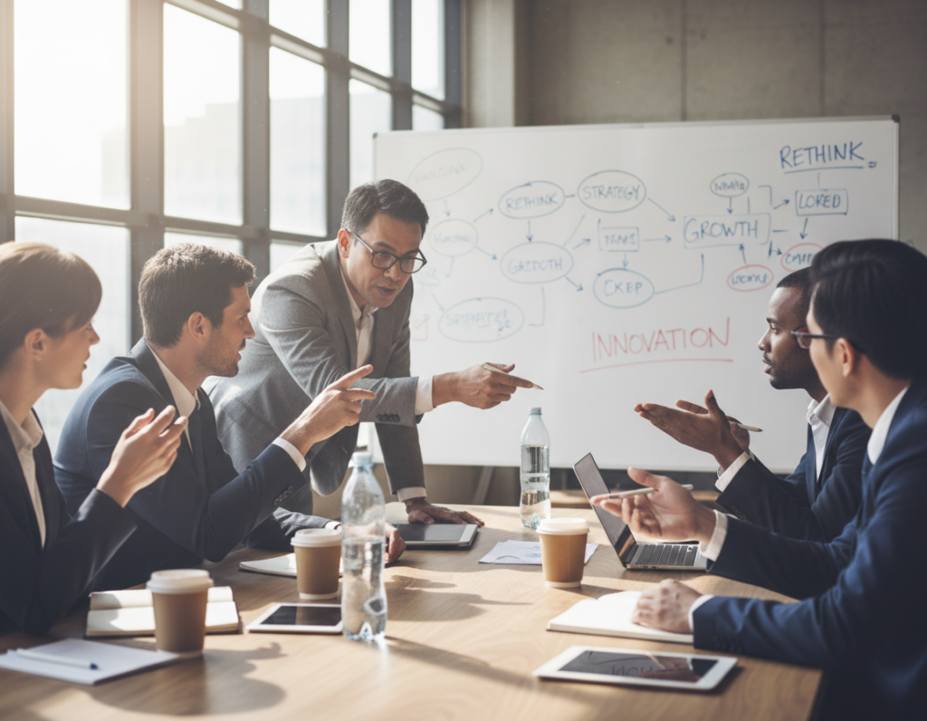 A professional group of diverse individuals in modern business attire is actively engaged in a brainstorming session around a large table, showcasing intense discussion and collaboration. The foreground features hands gesturing animatedly, with notepads and digital devices scattered across the table. In the middle background, a large whiteboard is filled with colorful diagrams and charts, illustrating complex ideas and strategies. Soft, natural lighting streams in through large windows, creating an inviting atmosphere that encourages creativity and open-mindedness. The overall mood is focused and dynamic, reflecting a sense of urgency and innovation in redefined thinking, while subtle shadows add depth to the scene, enhancing the emotional connection among the participants.