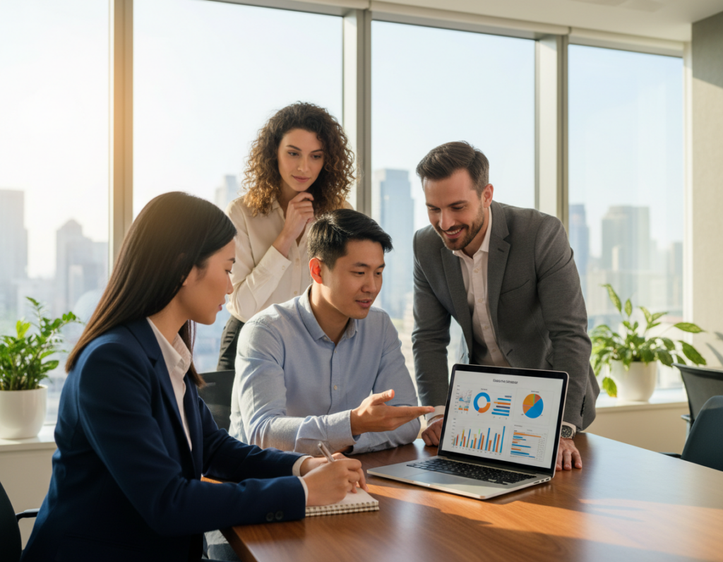 A professional setting featuring a diverse group of individuals engaged in a constructive feedback session. In the foreground, a person in business attire attentively listens, jotting down notes with a look of concentration. The middle ground shows a collaborative atmosphere with two colleagues discussing points animatedly, gesturing towards a laptop on a table, displaying various data and charts. The background showcases a modern office with large windows allowing soft, natural light to illuminate the scene, creating an inviting and open mood. The composition should be well-balanced, focusing on the interaction without distractions. The overall atmosphere is one of professionalism, engagement, and mutual growth, illustrating the essence of receiving feedback effectively.