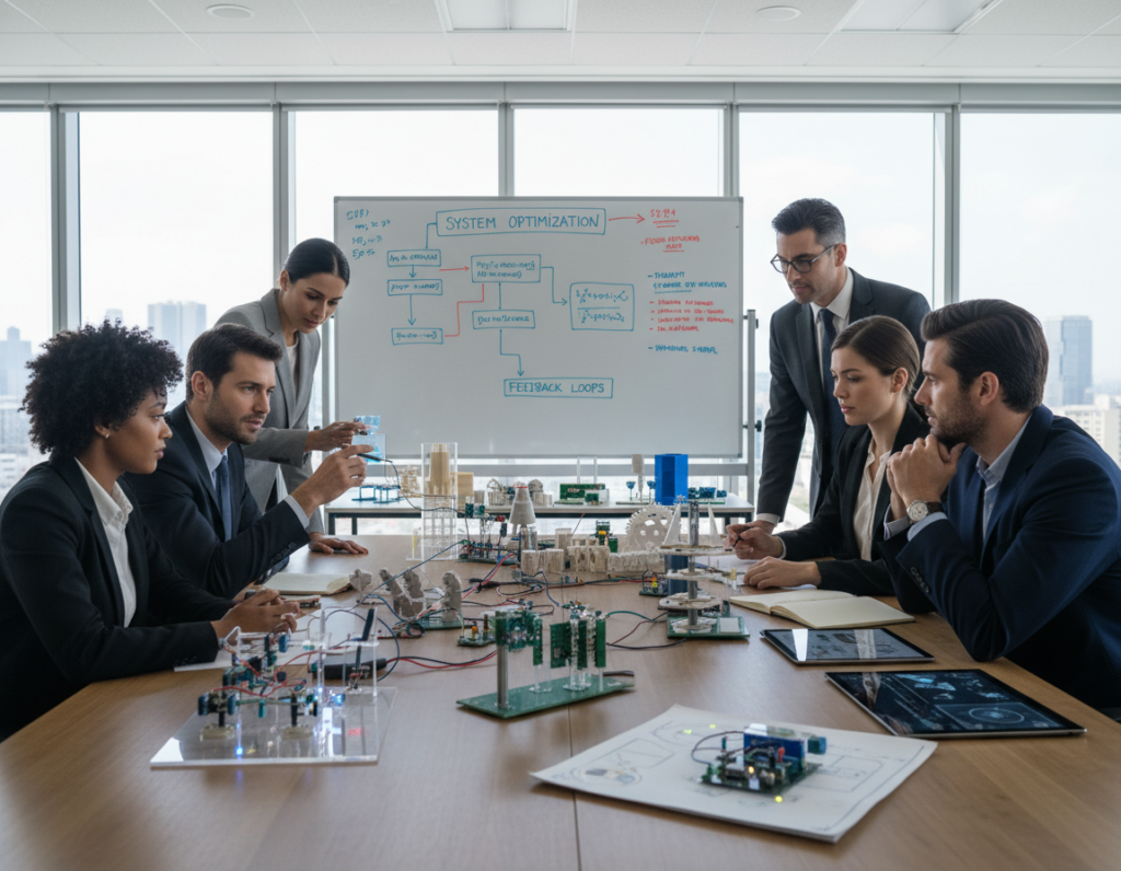 A serene and organized workspace filled with intricate models and diagrams showcasing complex systems. In the foreground, a diverse group of professionals in smart business attire is engaged in discussion, studying the models with focused expressions. Their faces reflect the intensity of thought, illustrating the concept of mental models. In the middle ground, a large whiteboard is covered with flowcharts and equations, while various 3D-printed models and visual aids are neatly arranged on the table. The background features large windows with natural light pouring in, enhancing the atmosphere of clarity and insight. The overall mood is one of collaboration, rigor, and transparency, capturing the essence of thoughtful decision-making in complex environments. High-resolution, with a soft-focus effect on the periphery, emphasizing the individuals and their intellectual engagement.