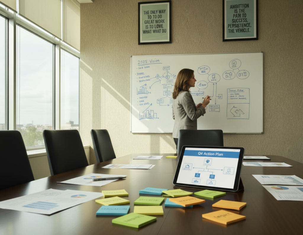 A serene conference room setting illuminated by soft, natural light filtering through large windows. In the foreground, a wooden table is covered with neatly arranged papers, colorful sticky notes representing goals, and a digital tablet displaying a visual action plan. In the middle, an individual in professional attire, a middle-aged woman, is thoughtfully writing on a whiteboard filled with drawings and diagrams illustrating her long-term vision and objectives. In the background, motivational quotes on the walls echo positivity and ambition. The atmosphere exudes focus and inspiration, with a warm color palette of greens and browns that evince a sense of calm determination. The image is captured from an angled perspective, emphasizing the thoughtful process of goal setting.