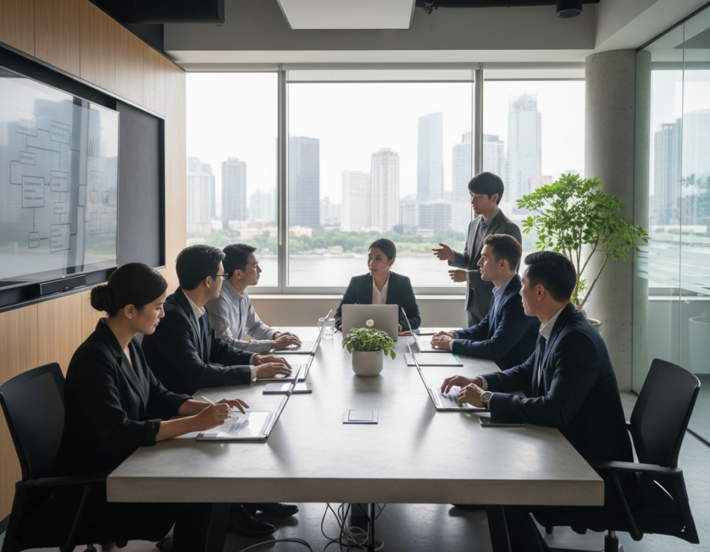 A serene, modern office setting featuring a diverse group of professionals engaged in deep discussion around a large conference table. In the foreground, a focused woman in professional attire sketches a strategy map on a digital tablet, while a man points at a complex flowchart displayed on a screen. In the middle ground, other colleagues analyze data on laptops, fostering an atmosphere of collaboration. The background shows a large window with a city skyline, symbolizing ambition and opportunity. Soft, natural light filters in, creating a warm and inspiring atmosphere. The image conveys the essence of strategic thinking as a pathway to achievement, emphasizing teamwork, innovation, and forward-thinking in a contemporary workspace.