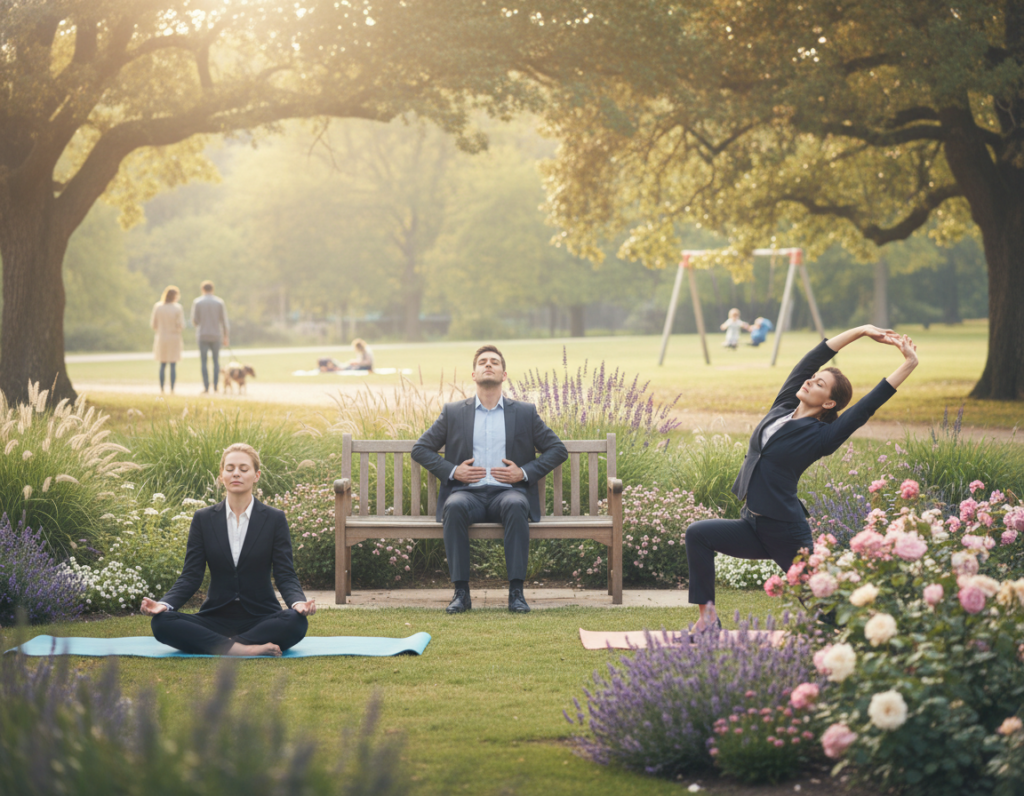 A serene, tranquil setting to illustrate stress relief techniques. In the foreground, a diverse group of three individuals, dressed in professional business attire, practice mindfulness techniques—one meditating on a yoga mat, another performing deep breathing exercises seated on a bench, and the third, gently stretching beside a blooming garden. In the middle ground, lush greenery and vibrant flowers create a calming atmosphere, while soft sunlight filters through the trees, casting dappled shadows. In the background, a peaceful park scene shows others enjoying leisurely activities. The overall mood is peaceful, encouraging a sense of calm and balance, with soft, warm colors evoking tranquility. The image should have a soft focus, capturing the essence of in-the-moment relaxation.