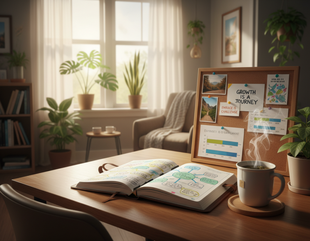 A serene workspace scene depicting a personal growth plan in action. In the foreground, a neatly arranged wooden desk showcases an open journal filled with handwritten notes and colorful mind maps, accompanied by a steaming cup of tea. In the middle ground, a well-organized corkboard displays pinned photographs, inspirational quotes, and progress trackers. The background reveals a cozy room bathed in soft, warm sunlight streaming through large windows adorned with indoor plants, creating an inviting atmosphere. The angle captures the essence of focus and calm, emphasizing the importance of structure and personalization in growth. The overall mood is one of encouragement and motivation, inspiring viewers to visualize their own paths to improvement.