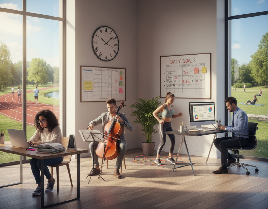 A visually engaging composition depicting a structured daily routine. In the foreground, a diverse group of individuals, dressed in professional business attire and modest casual clothing, are engaged in various activities: a student studying with books and a laptop, a musician practicing with an instrument, an athlete performing drills, and a professional working on a project at a desk. In the middle ground, a well-organized workspace and a rehearsal studio are visible, showcasing elements like a clock and a calendar emphasizing time management. In the background, a serene outdoor scene with a park and a running track suggests balance and leisure. The lighting is bright and natural, evoking a sense of productivity and focus. The overall mood is inspiring and motivational, encouraging the viewer to embrace a structured approach to skill development.