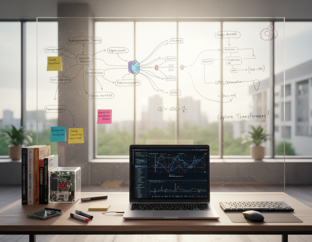 A visually striking digital workspace showcasing deep learning tools in Python. In the foreground, a sleek laptop displays colorful lines of code and graphs illustrating machine learning processes. To the left, a neatly organized desk features modern tech accessories like a Raspberry Pi and a stack of programming books. In the middle, a whiteboard displays schematics and algorithms, surrounded by sticky notes and insights from recent experiments. The background has large windows letting in natural light, creating a bright and encouraging atmosphere. Employ a wide-angle lens perspective for depth, with soft lighting that highlights the workspace's organized chaos. The overall mood is one of innovation and focused creativity. A visually striking digital workspace showcasing deep learning tools in Python. In the foreground, a sleek laptop displays colorful lines of code and graphs illustrating machine learning processes. To the left, a neatly organized desk features modern tech accessories like a Raspberry Pi and a stack of programming books. In the middle, a whiteboard displays schematics and algorithms, surrounded by sticky notes and insights from recent experiments. The background has large windows letting in natural light, creating a bright and encouraging atmosphere. Employ a wide-angle lens perspective for depth, with soft lighting that highlights the workspace's organized chaos. The overall mood is one of innovation and focused creativity.