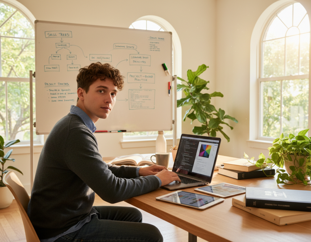 A young professional seated at a modern desk in a sunlit, airy office, deeply focused on a laptop, surrounded by open books and digital devices showcasing various skills, such as coding and graphic design. The foreground features a close-up of the individual, dressed in smart casual attire, with a look of determination and curiosity. In the middle, a whiteboard filled with colorful diagrams and notes on learning strategies is visible, symbolizing active skill development. The background contains large windows with greenery outside, enhancing the atmosphere of inspiration and growth. Warm, natural lighting floods the space, creating a vibrant yet calming environment that encourages continuous learning and personal growth. The overall mood is one of motivation and professional engagement, inviting viewers to embrace the pursuit of new skills.